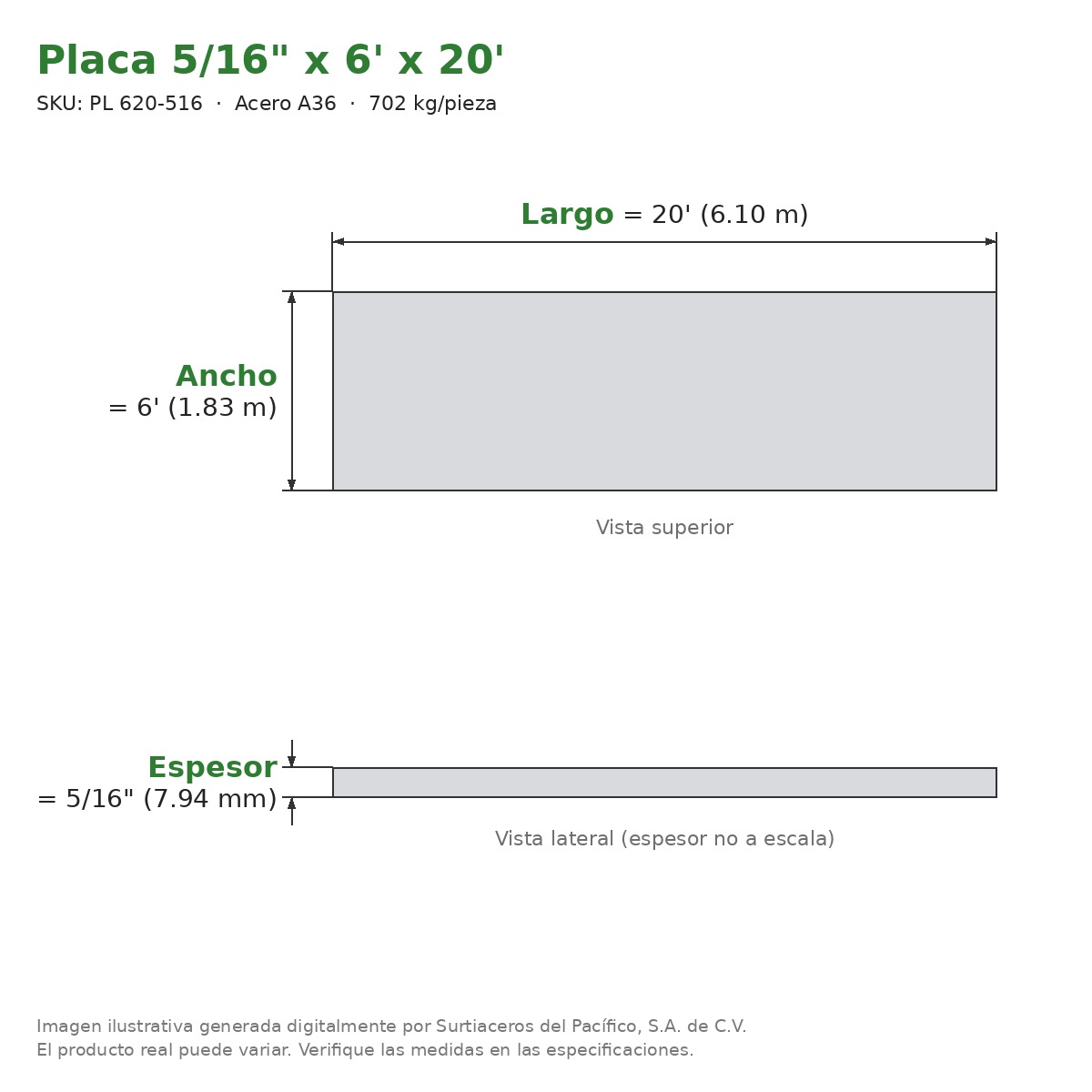 Placa 5/16" x 6' x 20' - Acero A36 - sección transversal