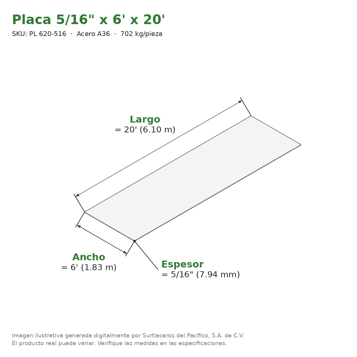 Placa 5/16" x 6' x 20' - Acero A36 - medidas