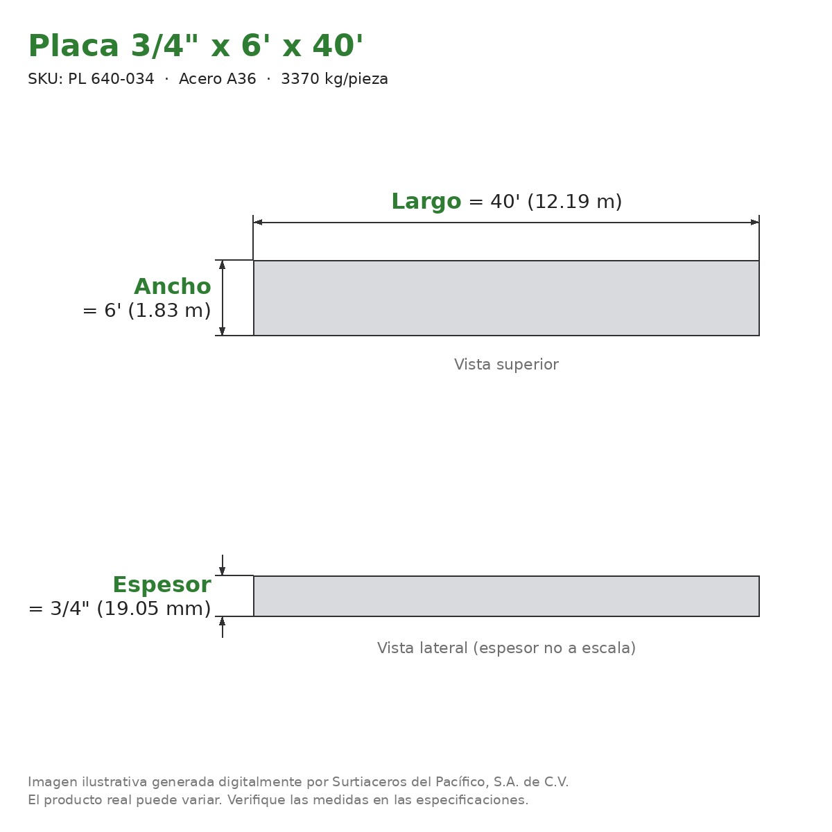 Placa 3/4" x 6' x 40' - Acero A36 - sección transversal