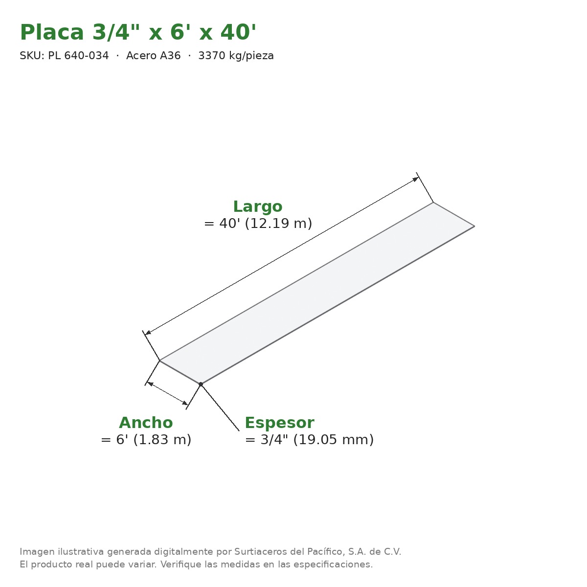 Placa 3/4" x 6' x 40' - Acero A36 - medidas