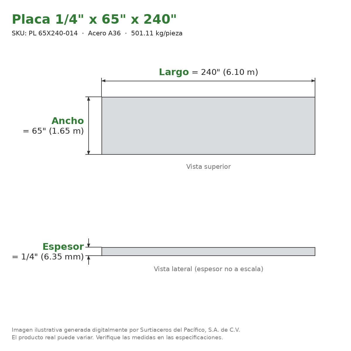 Placa 1/4" x 65" x 240" - Acero A36 - sección transversal