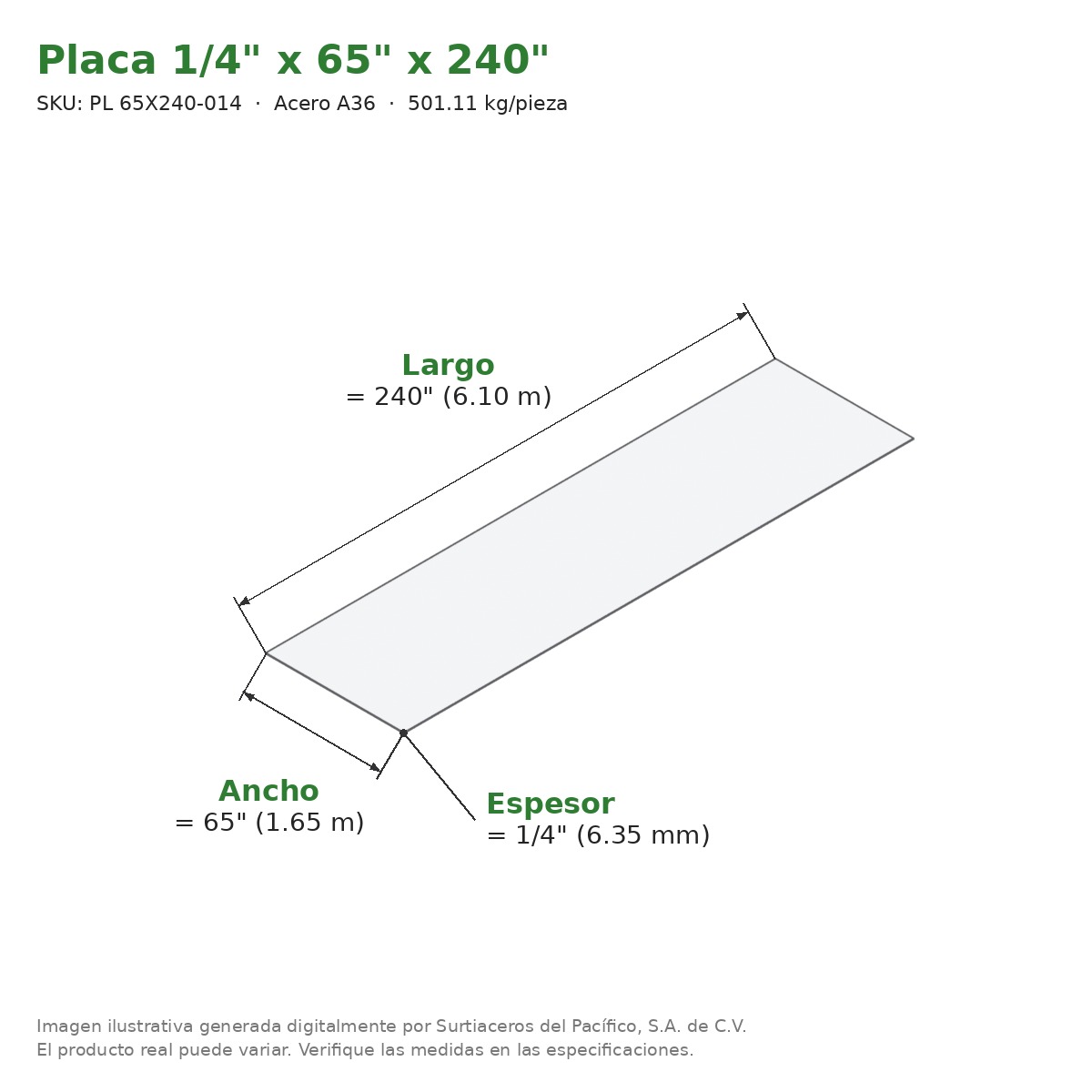 Placa 1/4" x 65" x 240" - Acero A36 - medidas