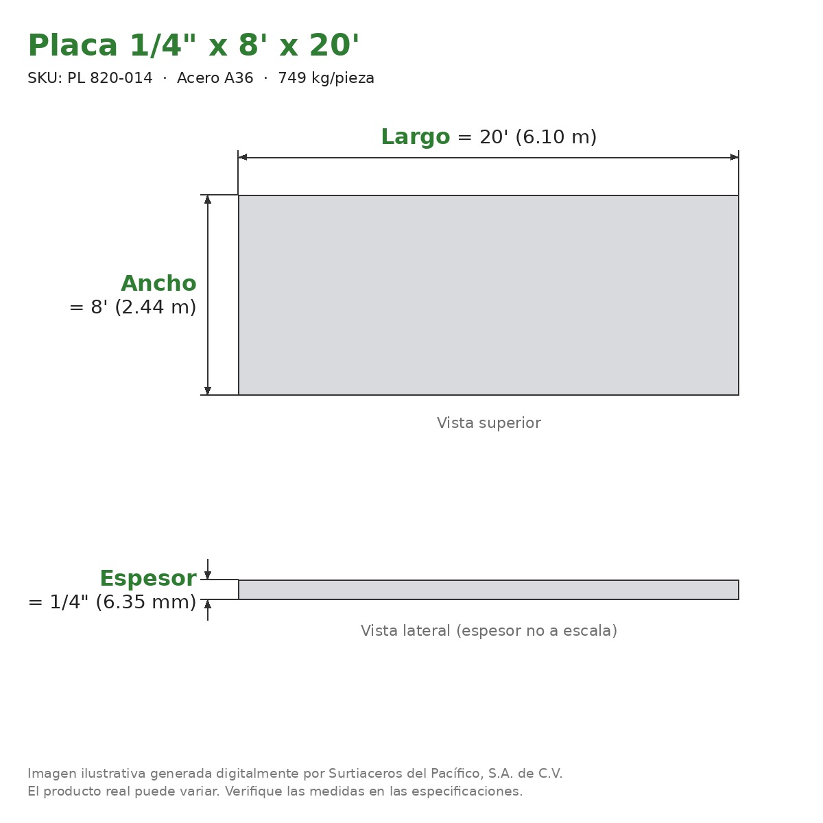 Placa 1/4" x 8' x 20' - Acero A36 - sección transversal