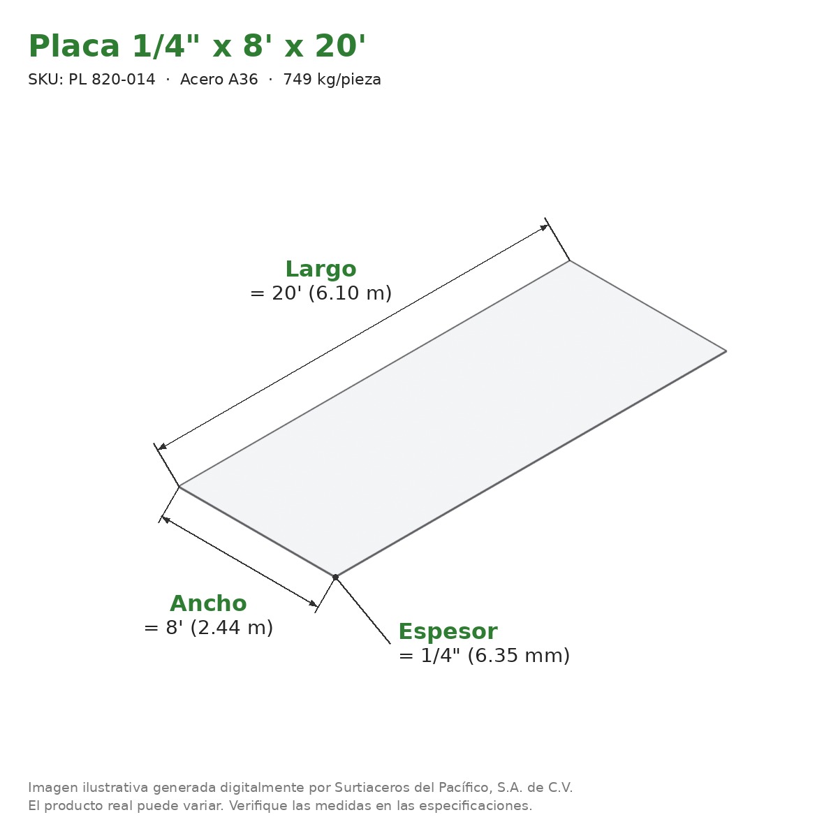 Placa 1/4" x 8' x 20' - Acero A36 - medidas