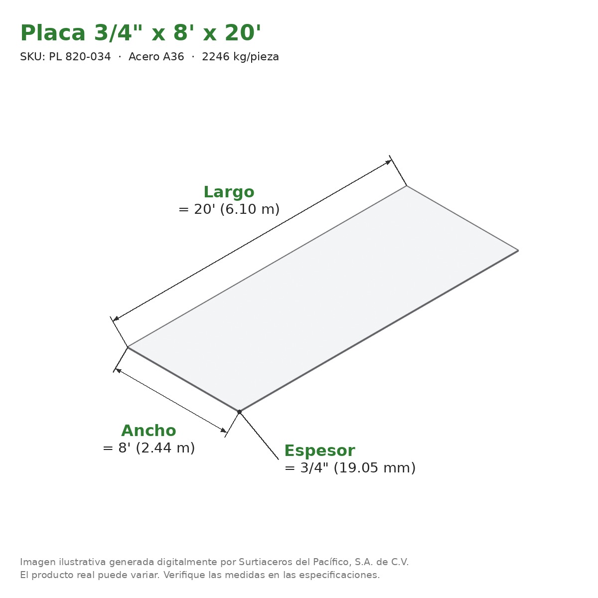 Placa 3/4" x 8' x 20' - Acero A36 - medidas