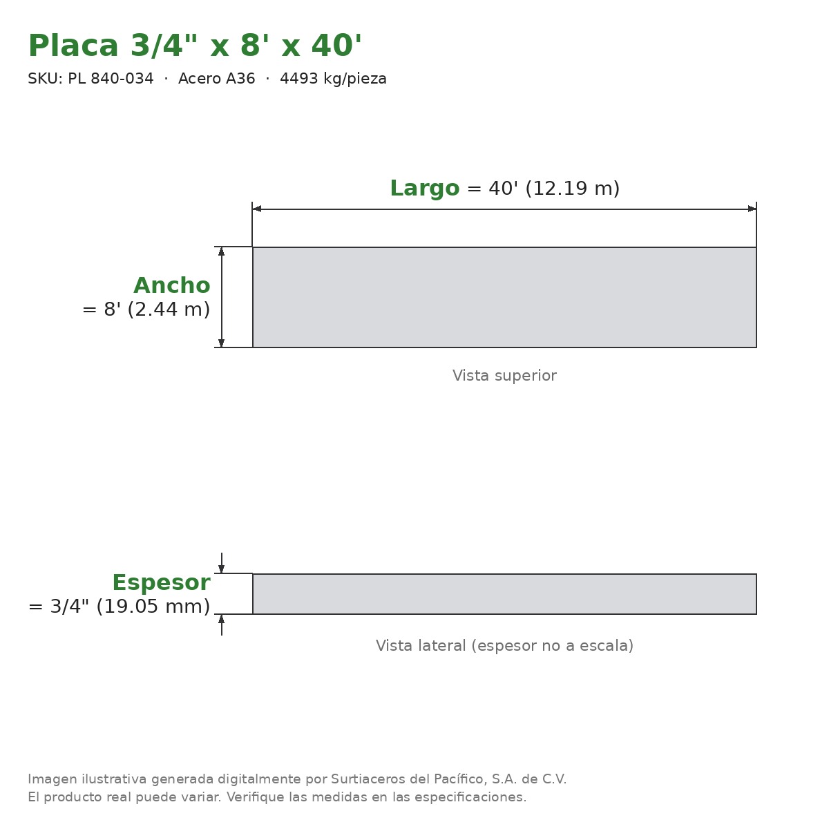 Placa 3/4" x 8' x 40' - Acero A36 - sección transversal