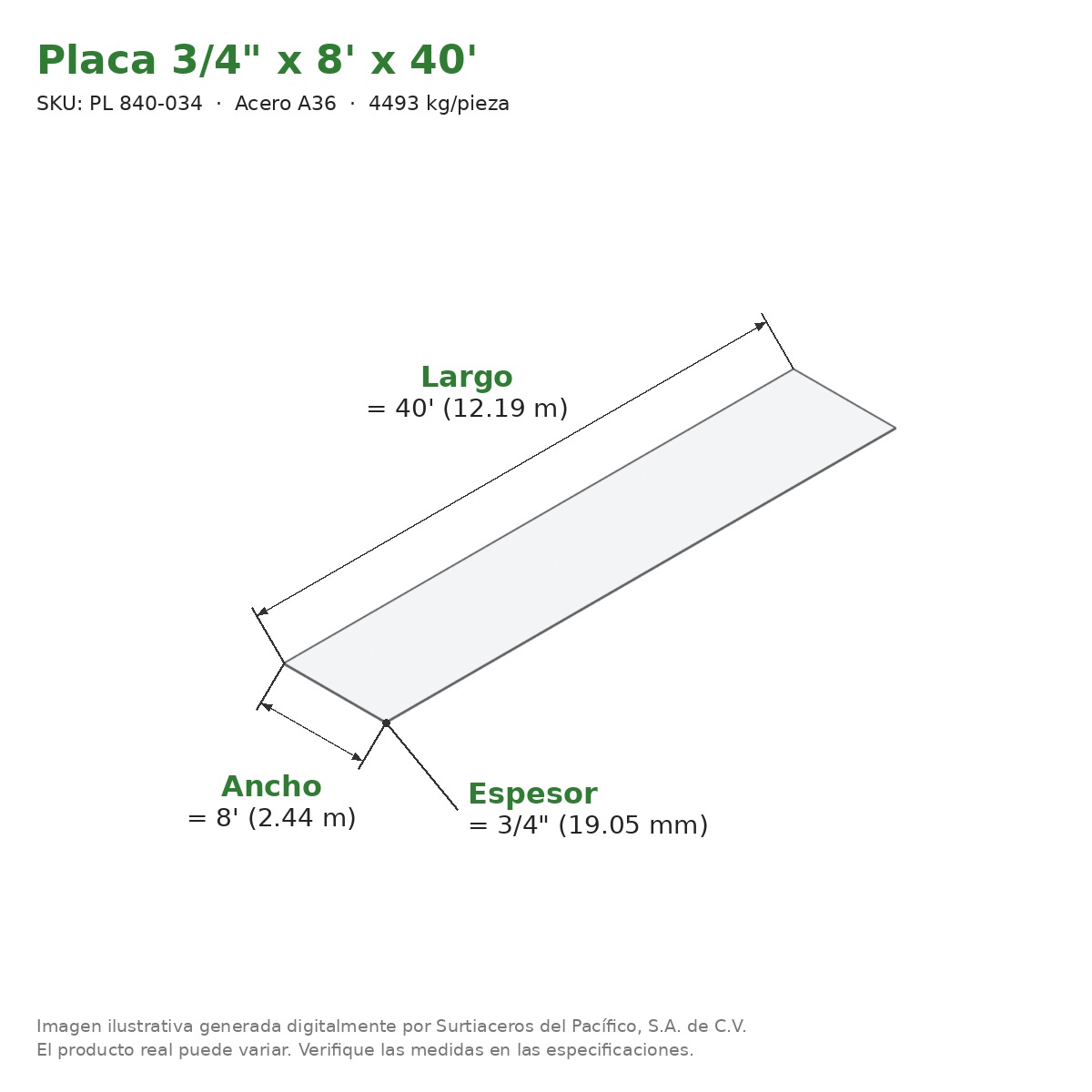 Placa 3/4" x 8' x 40' - Acero A36 - medidas