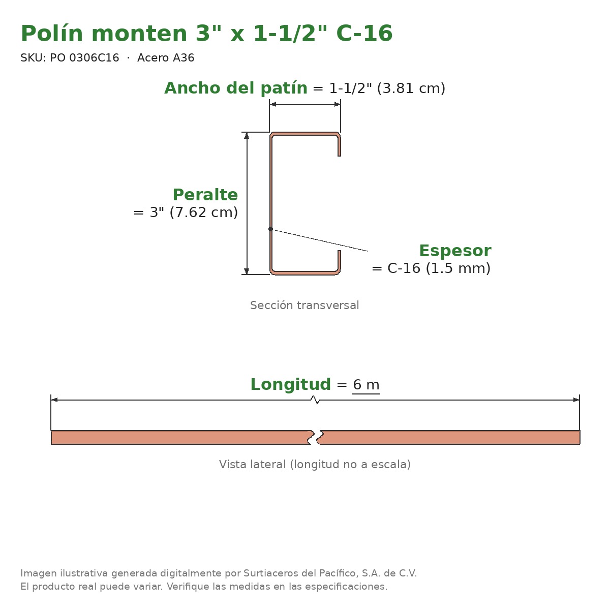 Polín monten 3" x 1-1/2" C-16 x 6 m - Acero A36 - sección transversal