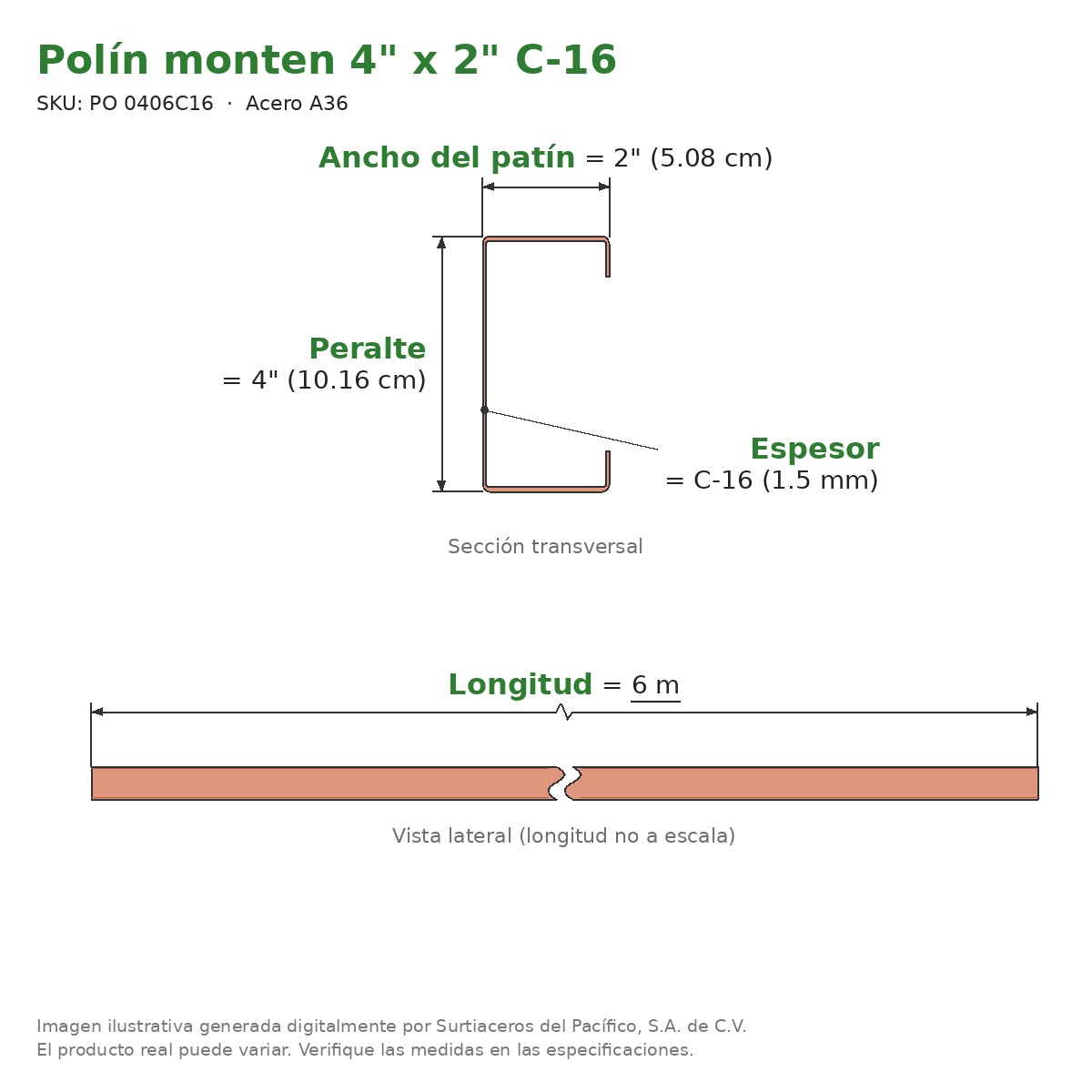 Polín monten 4" x 2" C-16 x 6 m - Acero A36 - sección transversal