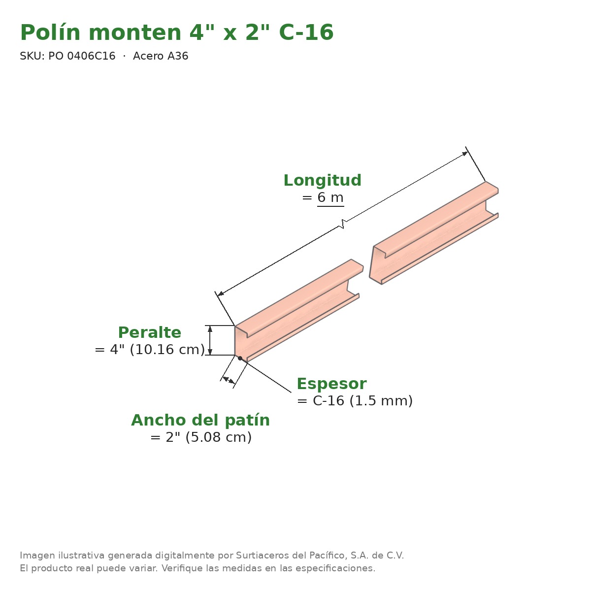 Polín monten 4" x 2" C-16 x 6 m - Acero A36 - medidas