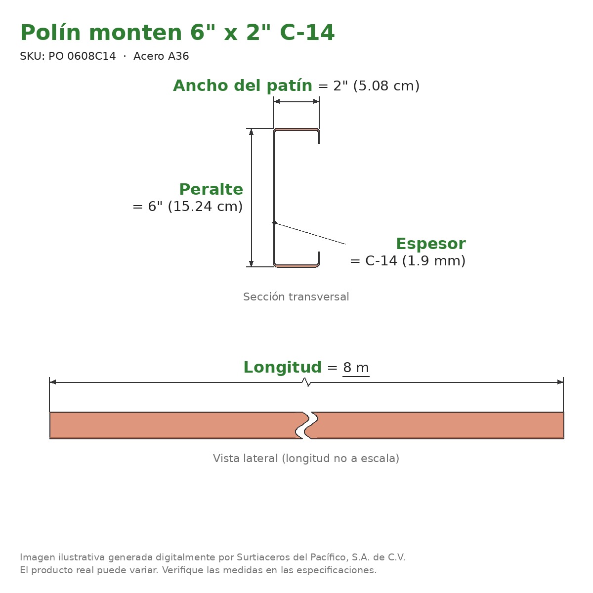 Polín monten 6" x 2" C-14 x 8 m - Acero A36 - sección transversal