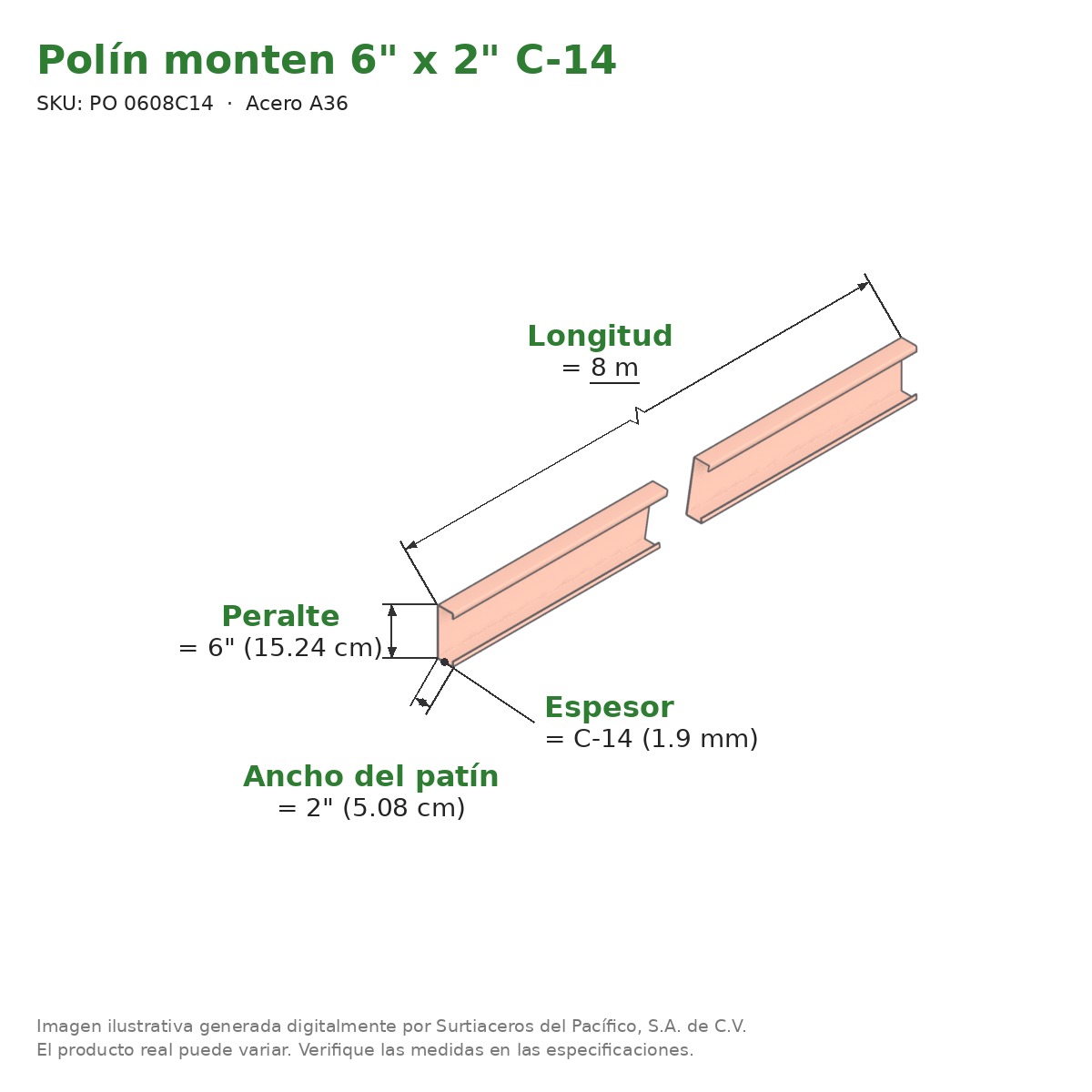 Polín monten 6" x 2" C-14 x 8 m - Acero A36 - medidas