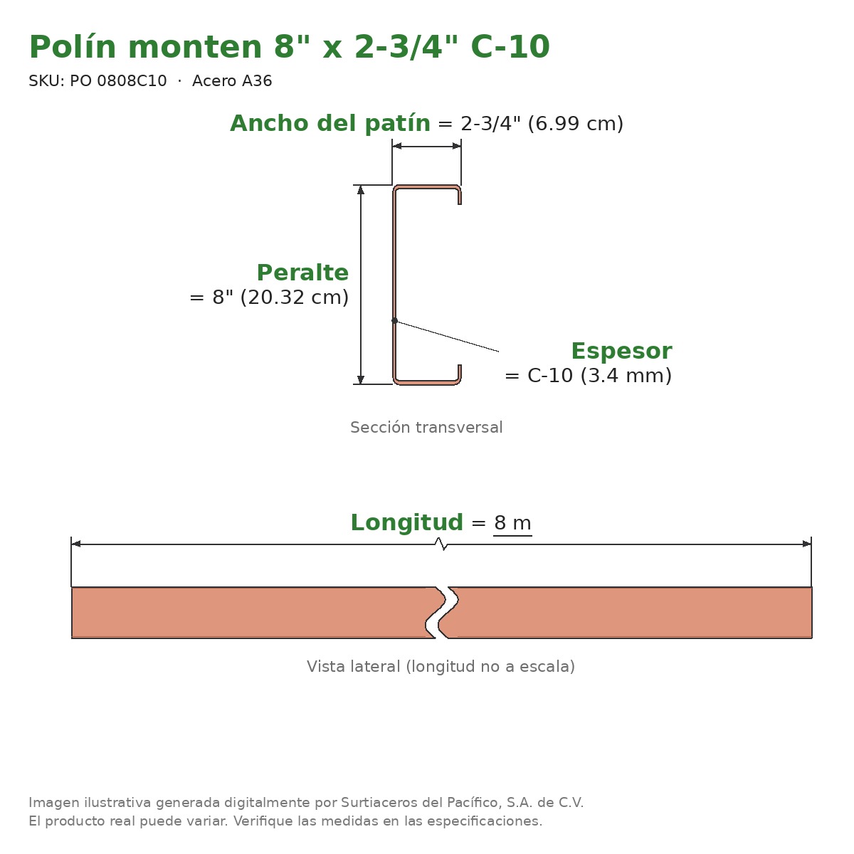 Polín monten 8" x 2-3/4" C-10 x 8 m - Acero A36 - sección transversal