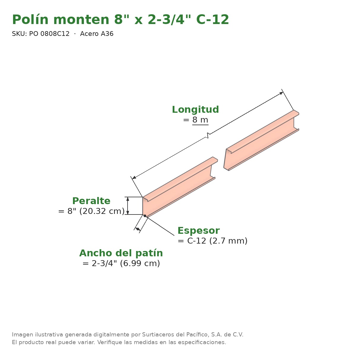 Polín monten 8" x 2-3/4" C-12 x 8 m - Acero A36 - medidas