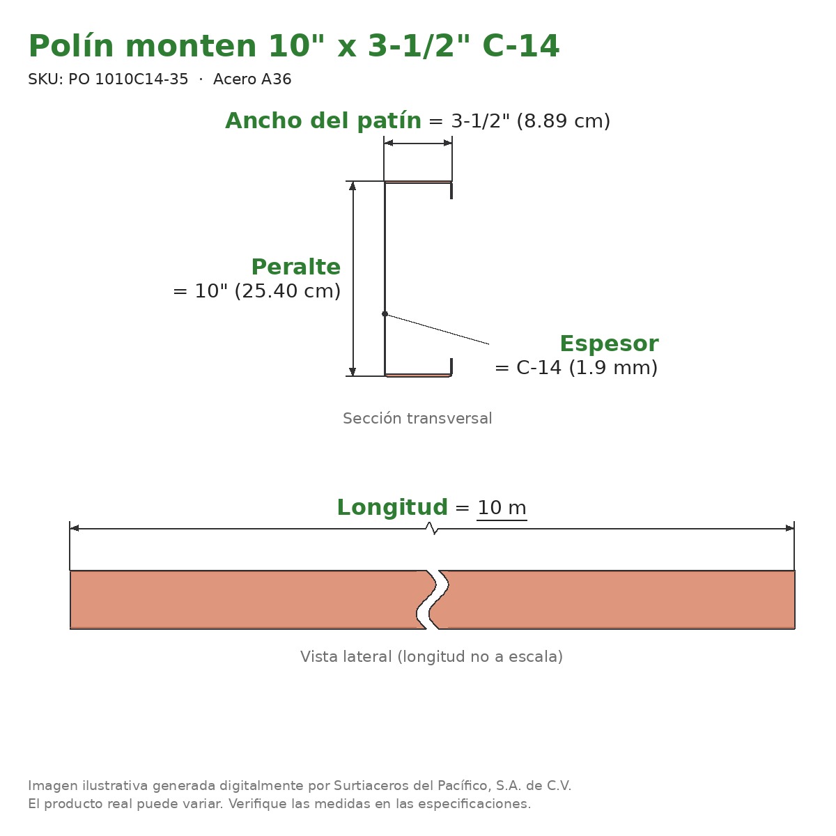 Polín monten 10" x 3-1/2" C-14 x 10 m - Acero A36 - sección transversal