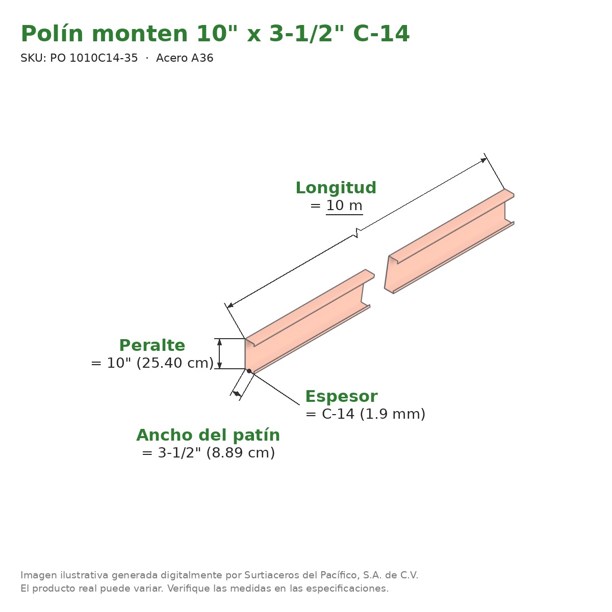 Polín monten 10" x 3-1/2" C-14 x 10 m - Acero A36 - medidas