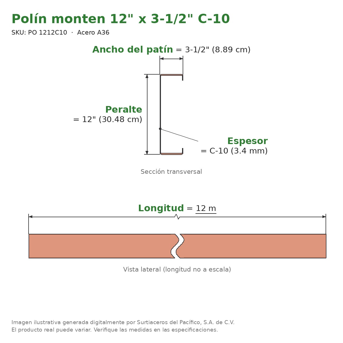 Polín monten 12" x 3-1/2" C-10 x 12 m - Acero A36 - sección transversal