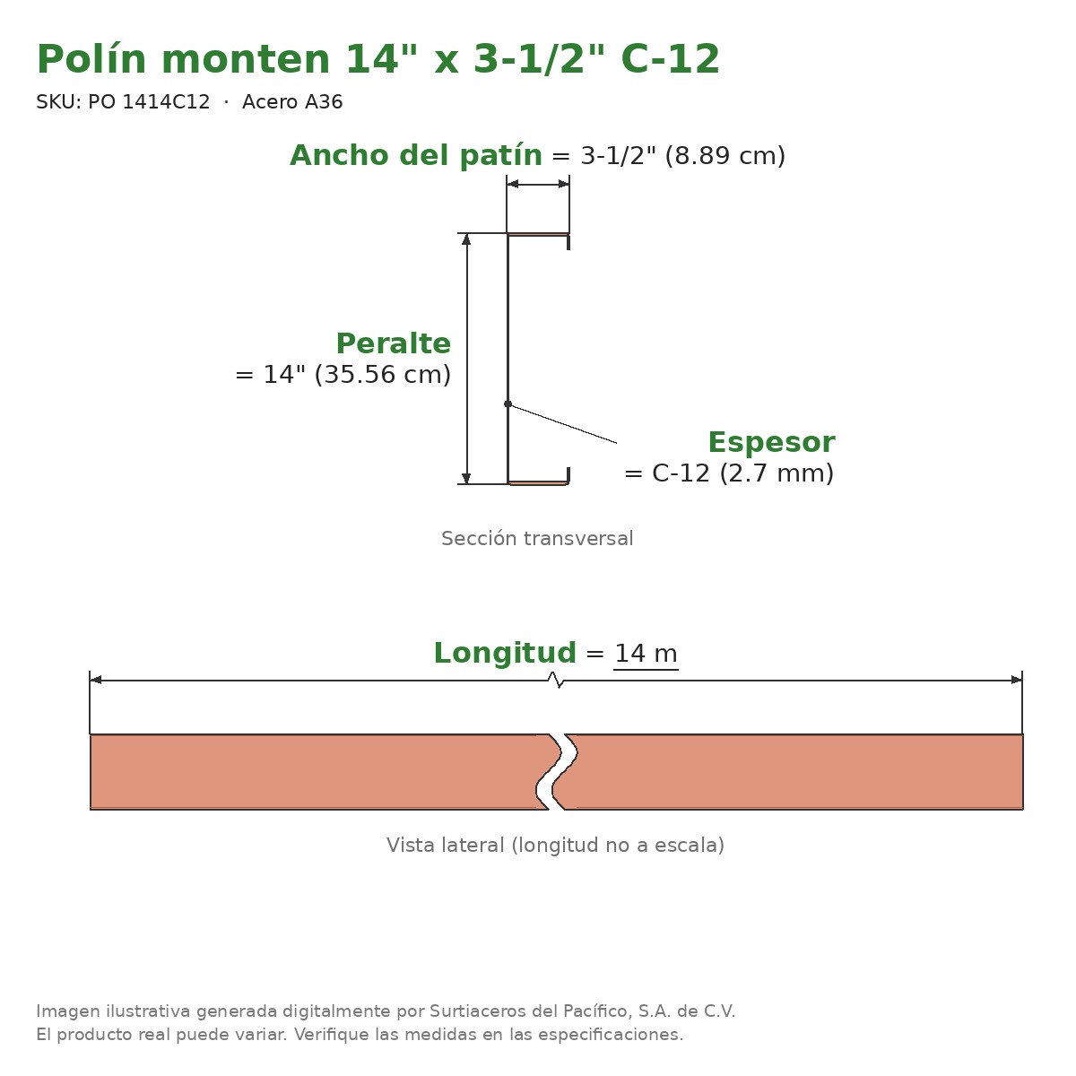 Polín monten 14" x 3-1/2" C-12 x 14 m - Acero A36 - sección transversal