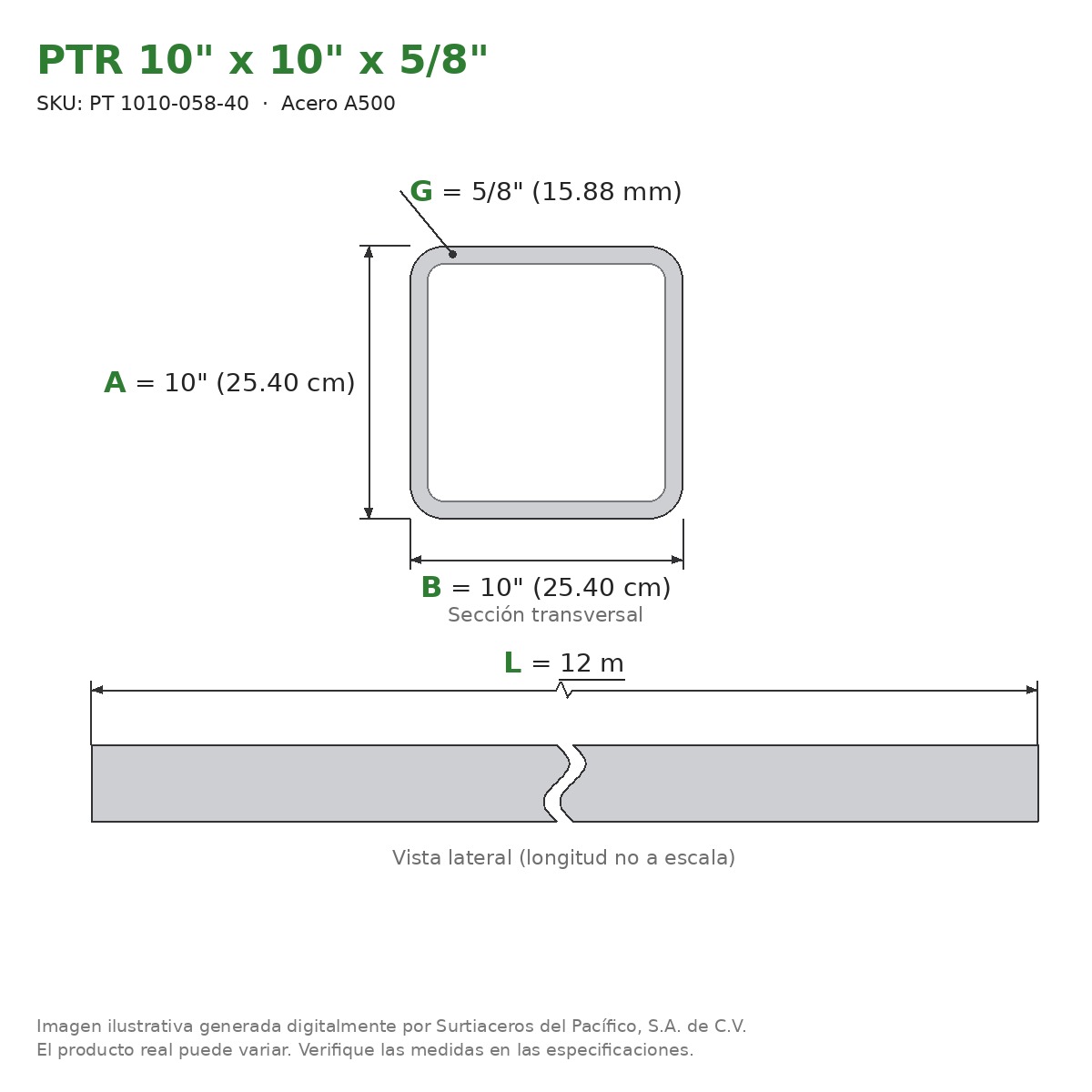 PTR 10" x 10" x 5/8" x 12.00 m - Acero A500