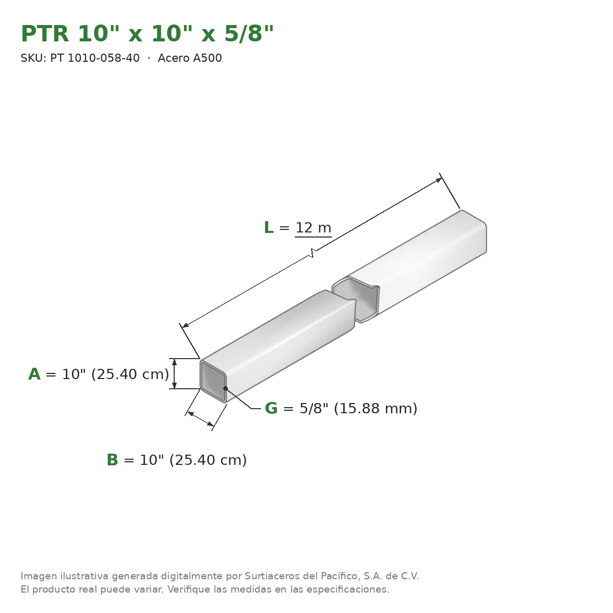 PTR 10" x 10" x 5/8" x 12.00 m - Acero A500