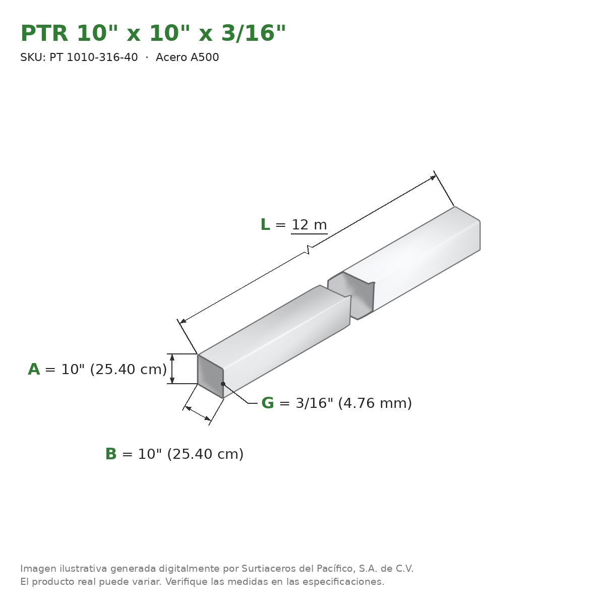 PTR 10" x 10" x 3/16" x 12.00 m - Acero A500