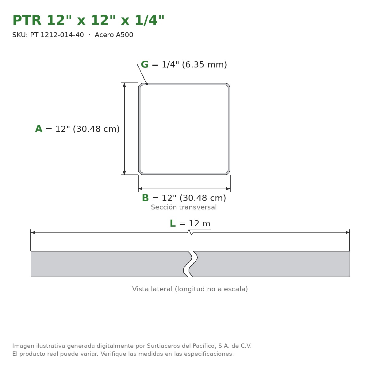 PTR 12" x 12" x 1/4" x 12.00 m - Acero A500
