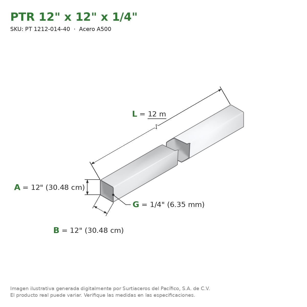 PTR 12" x 12" x 1/4" x 12.00 m - Acero A500