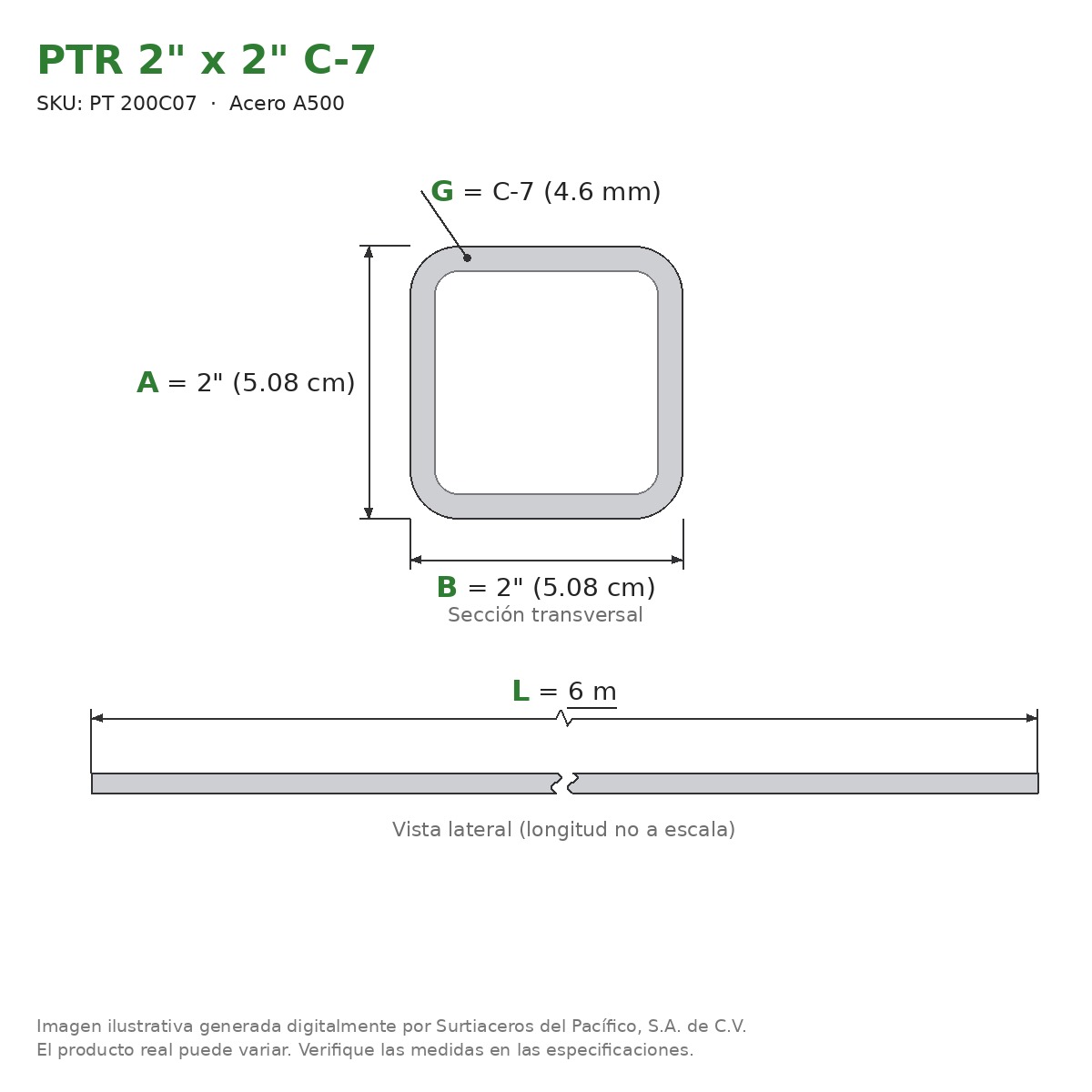 PTR 2" x 2" C-7 x 6.00 m - Acero A500