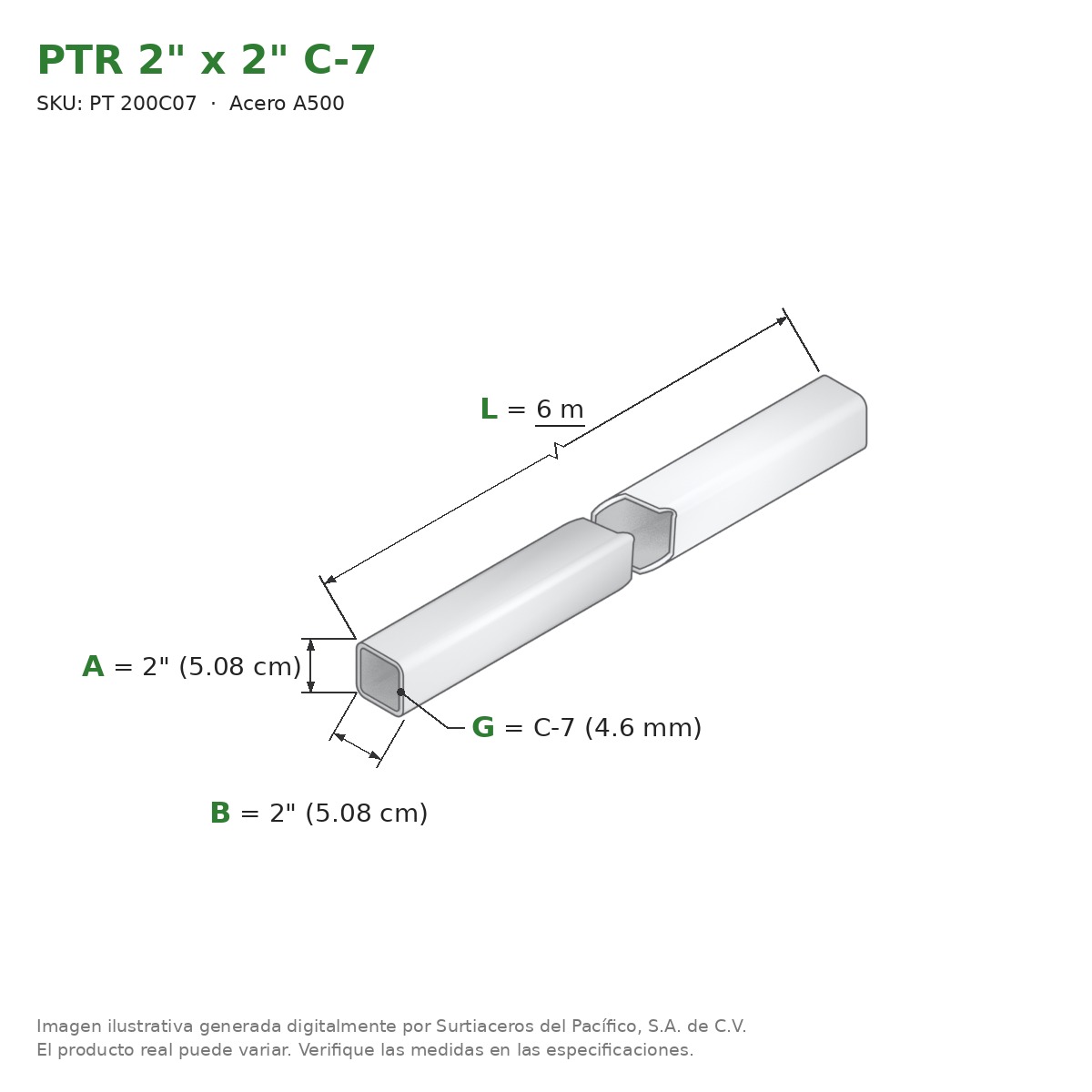 PTR 2" x 2" C-7 x 6.00 m - Acero A500