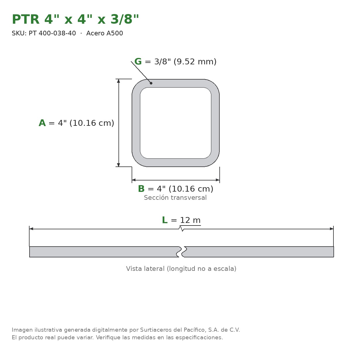 PTR 4" x 4" x 3/8" x 12.00 m - Acero A500