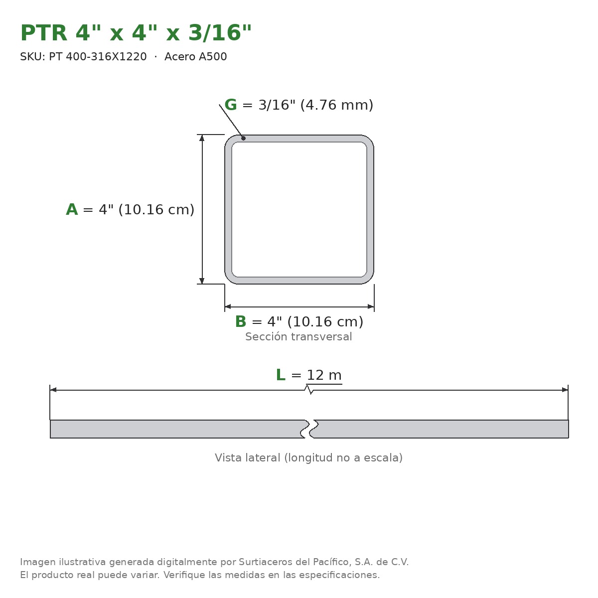 PTR 4" x 4" x 3/16" x 12.00 m - Acero A500