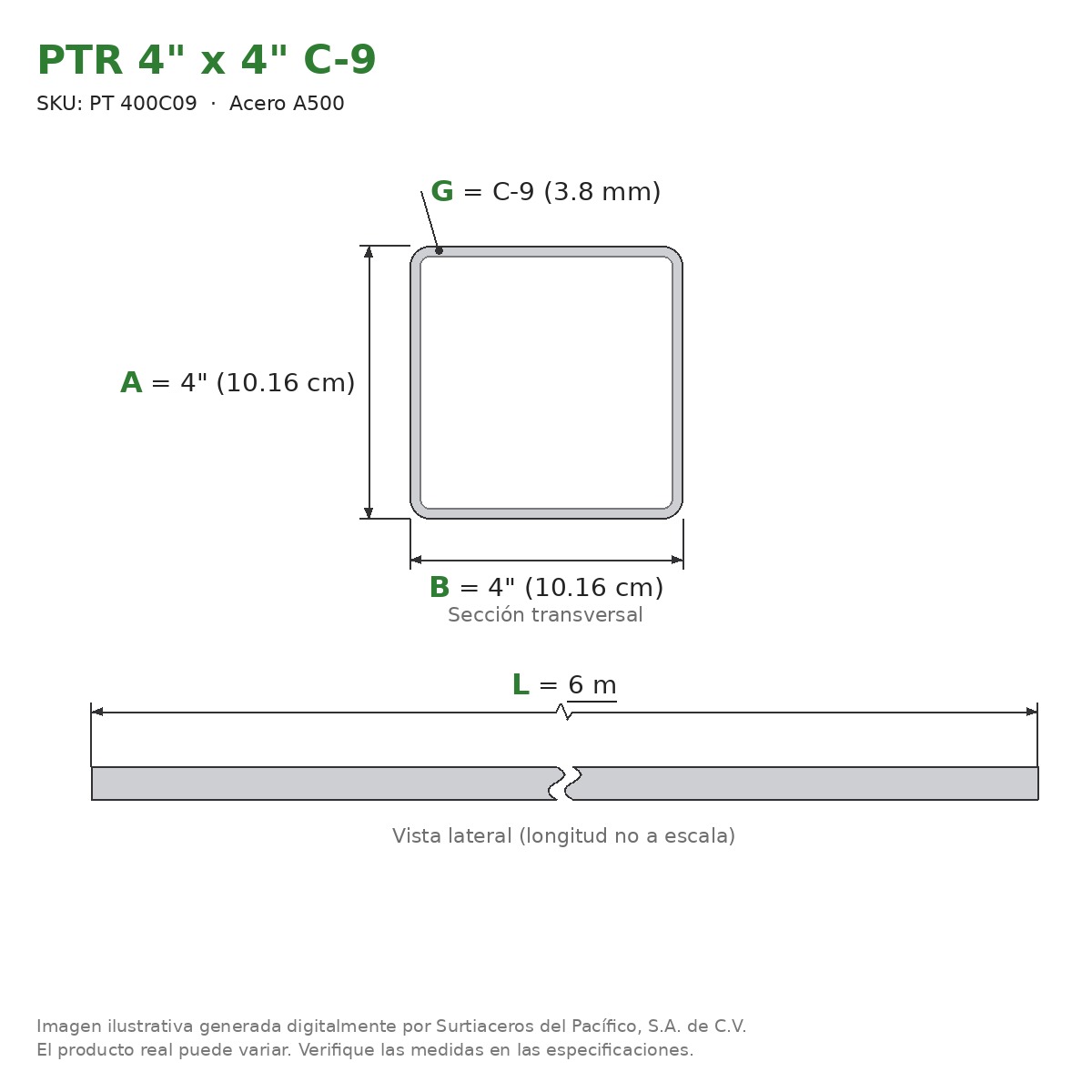 PTR 4" x 4" C-9 x 6.00 m - Acero A500