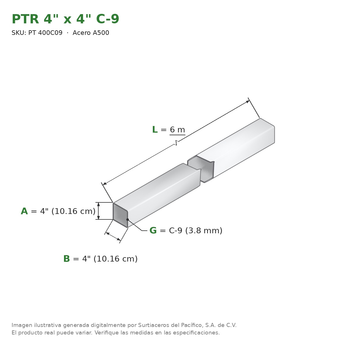PTR 4" x 4" C-9 x 6.00 m - Acero A500