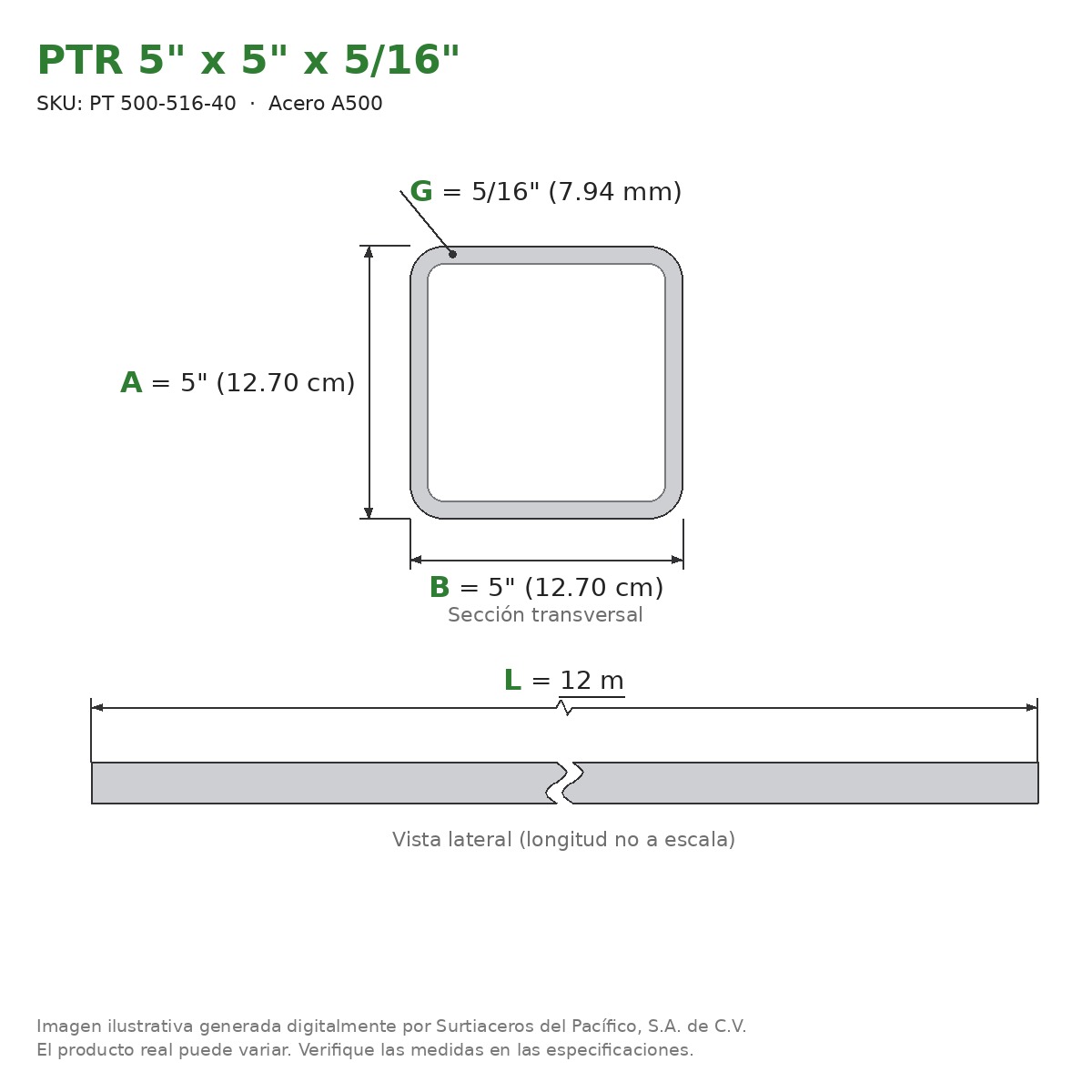 PTR 5" x 5" x 5/16" x 12.00 m - Acero A500