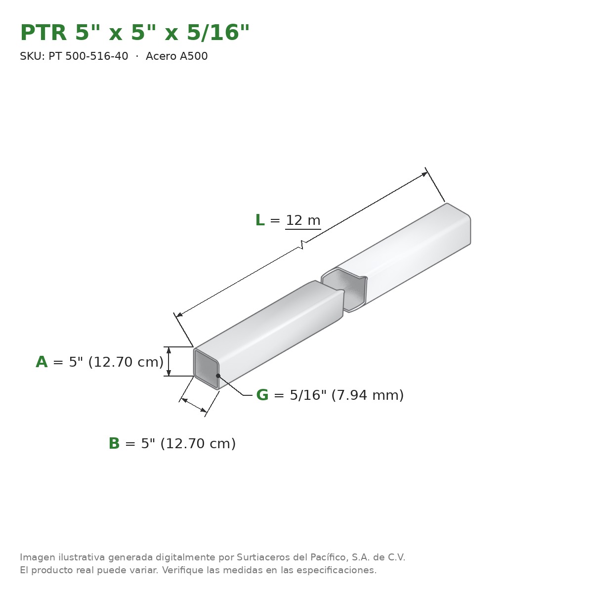 PTR 5" x 5" x 5/16" x 12.00 m - Acero A500