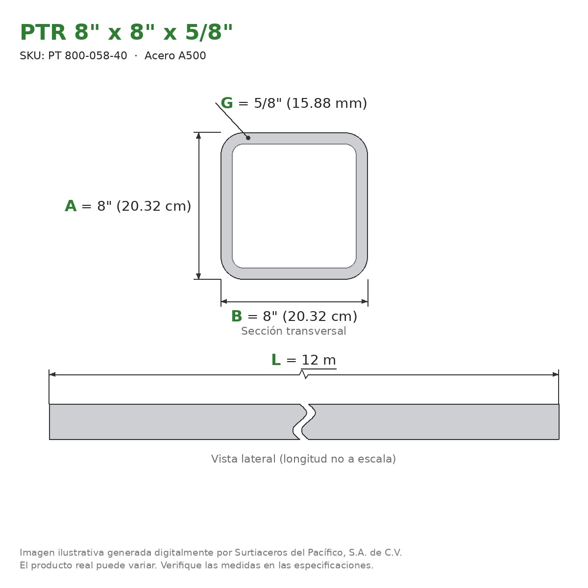 PTR 8" x 8" x 5/8" x 12.00 m - Acero A500