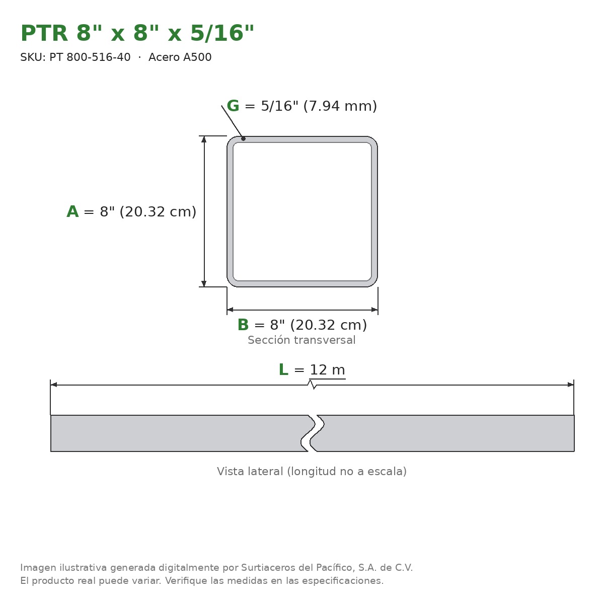 PTR 8" x 8" x 5/16" x 12.00 m - Acero A500