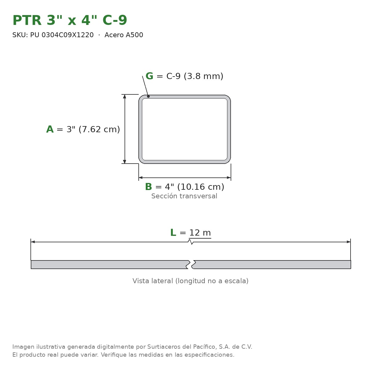 PTR 3" x 4" C-9 x 12.00 m - Acero A500