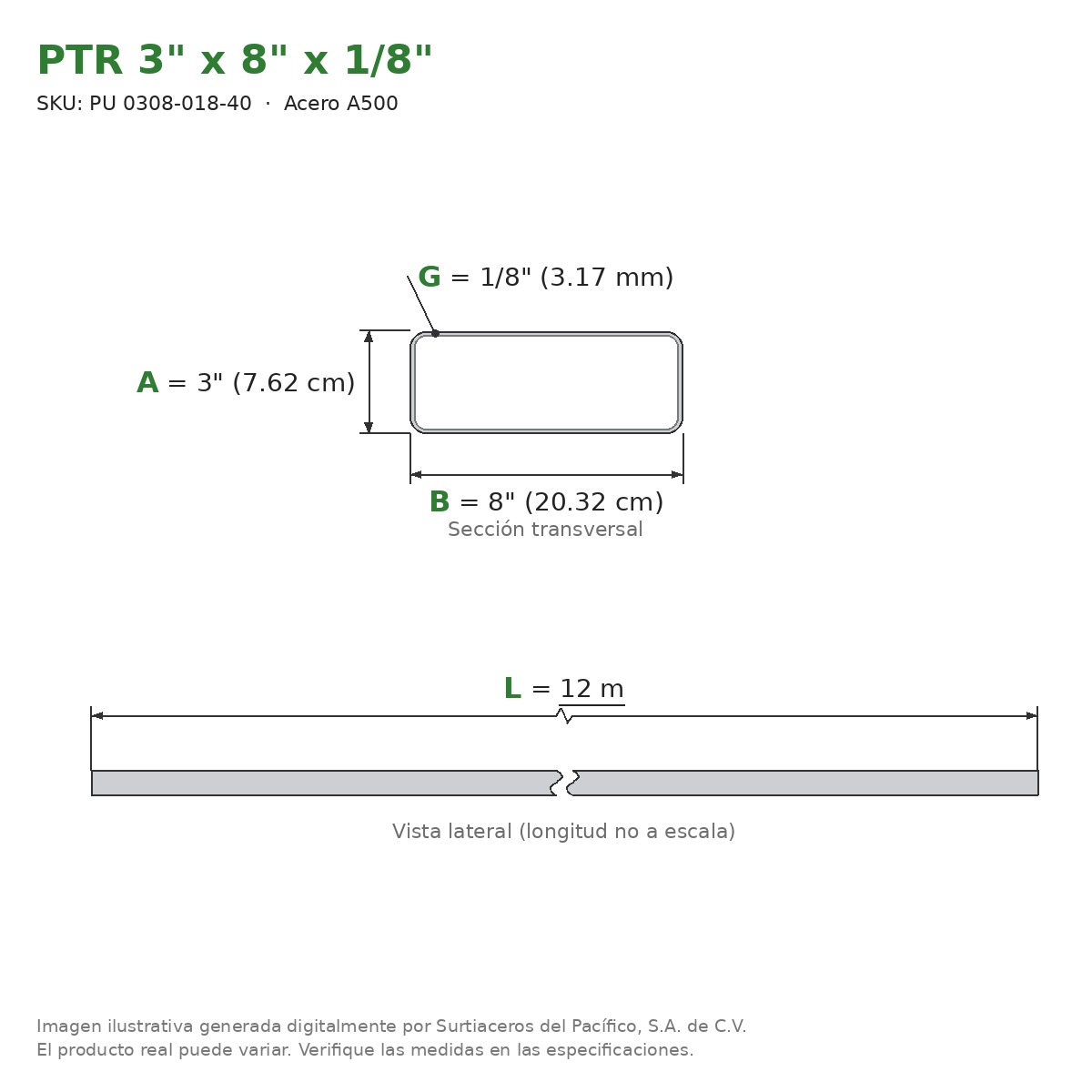 PTR 3" x 8" x 1/8" x 12.00 m - Acero A500