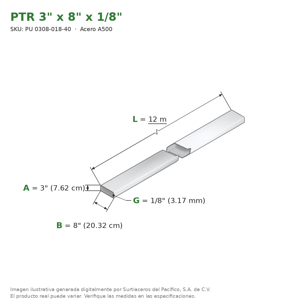 PTR 3" x 8" x 1/8" x 12.00 m - Acero A500