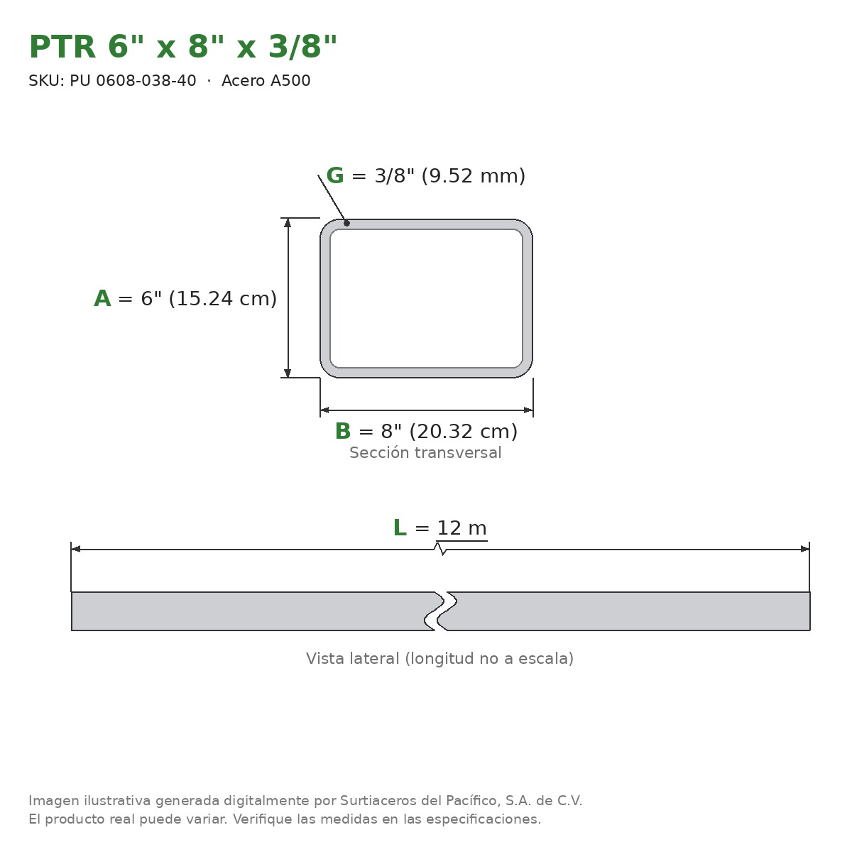 PTR 6" x 8" x 3/8" x 12.00 m - Acero A500