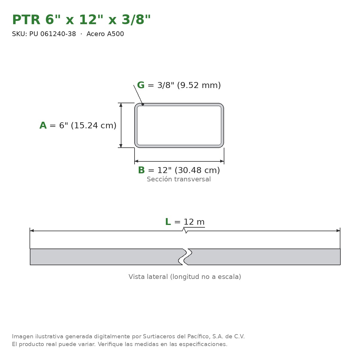 PTR 6" x 12" x 3/8" x 12.00 m - Acero A500
