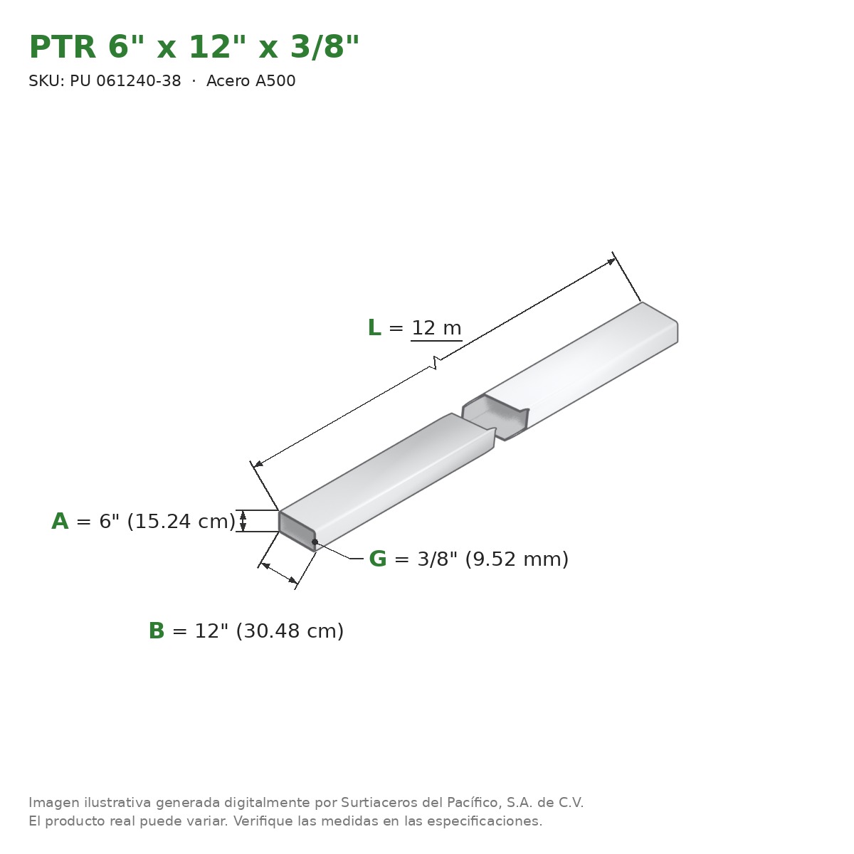 PTR 6" x 12" x 3/8" x 12.00 m - Acero A500