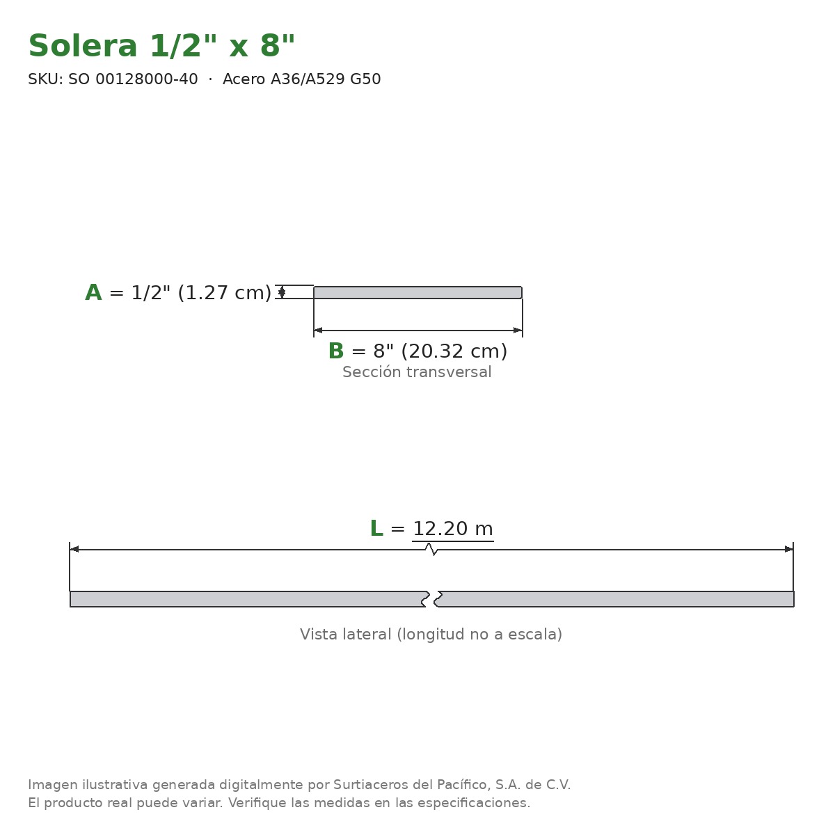 Solera 1/2" x 8" x 12.20 m - Acero A36/A529 G50 - sección transversal