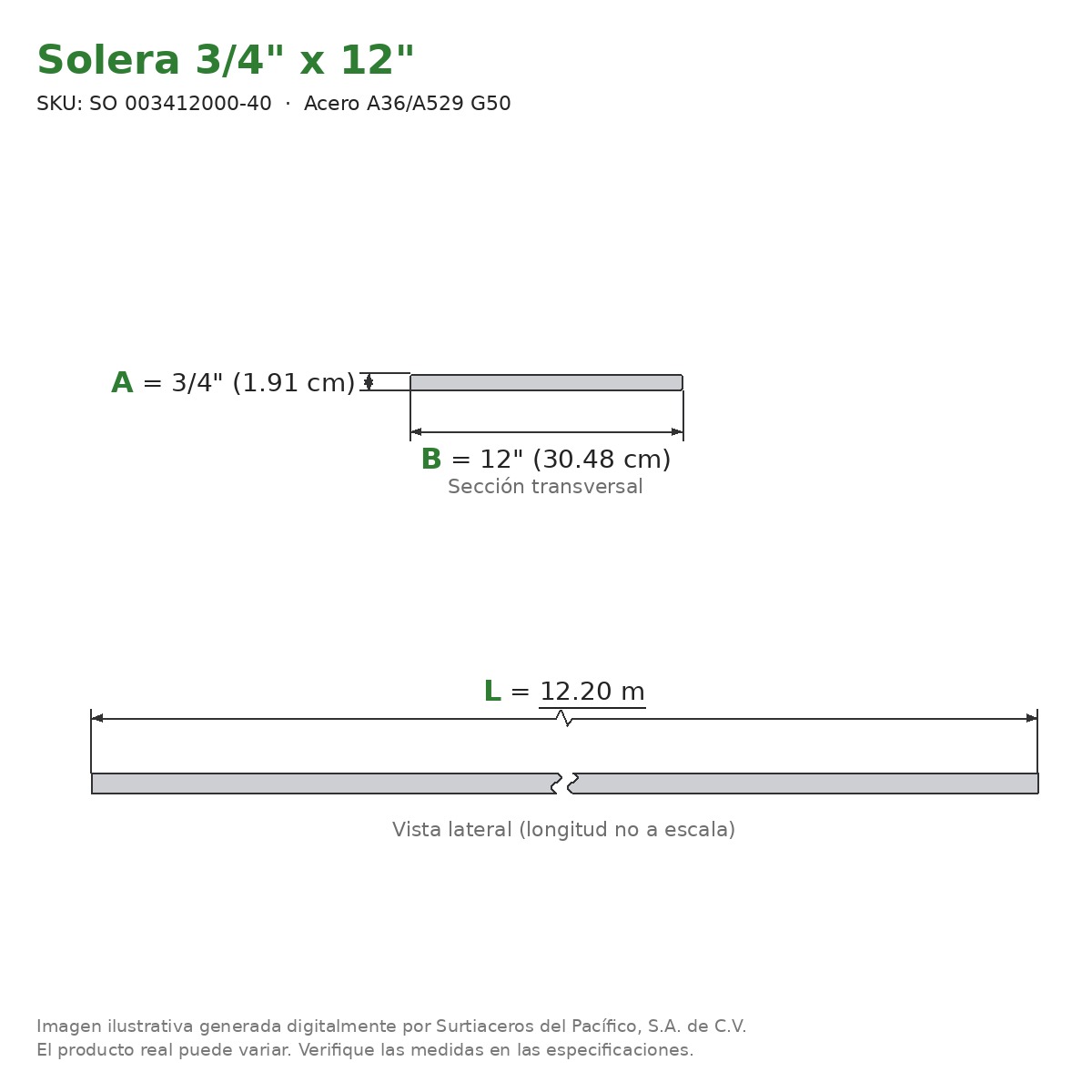 Solera 3/4" x 12" x 12.20 m - Acero A36/A529 G50 - sección transversal