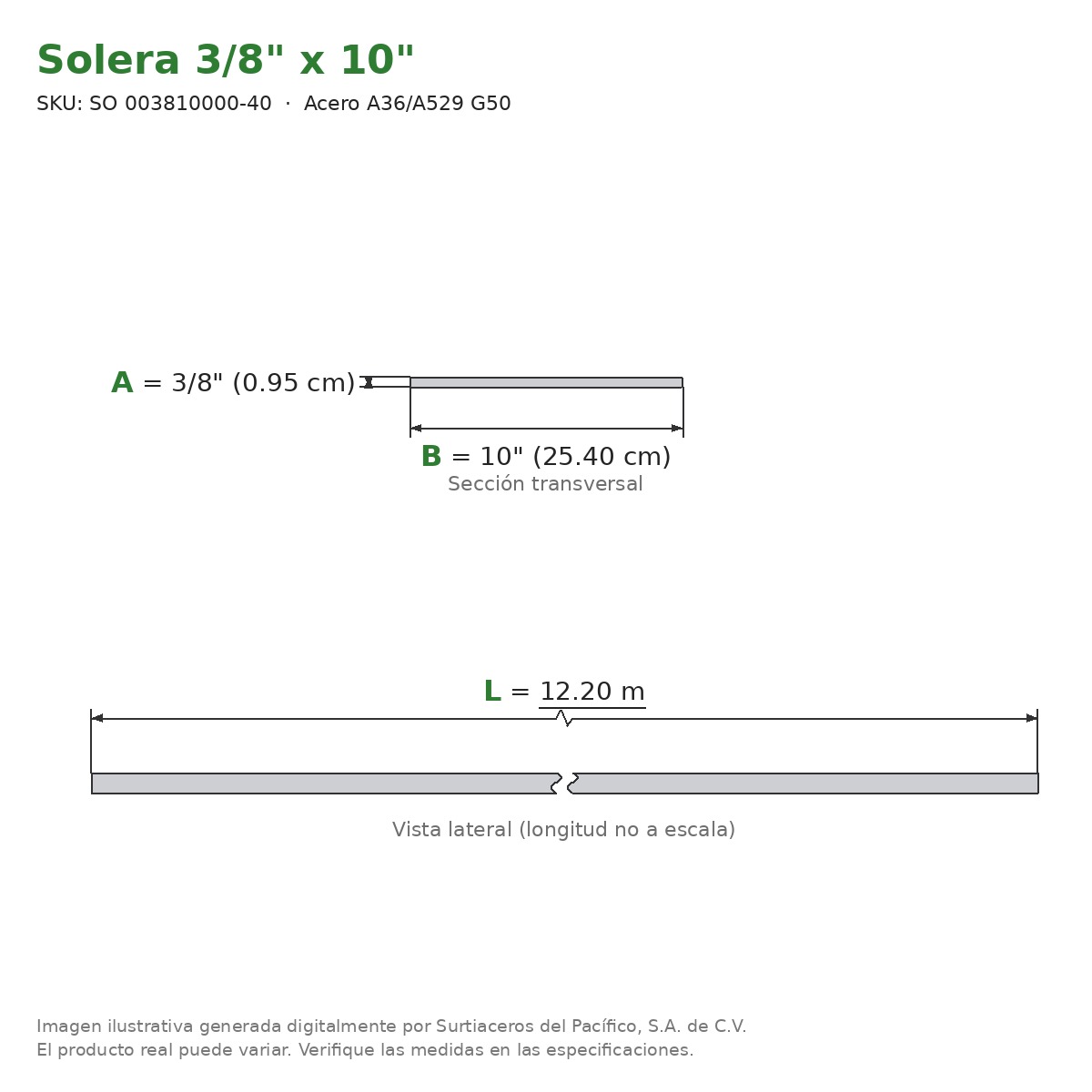 Solera 3/8" x 10" x 12.20 m - Acero A36/A529 G50 - sección transversal