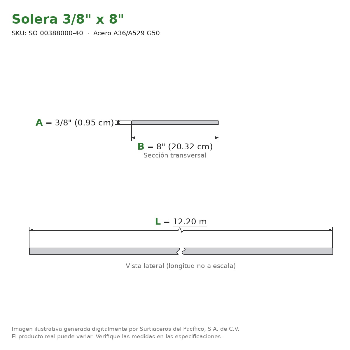 Solera 3/8" x 8" x 12.20 m - Acero A36/A529 G50 - sección transversal