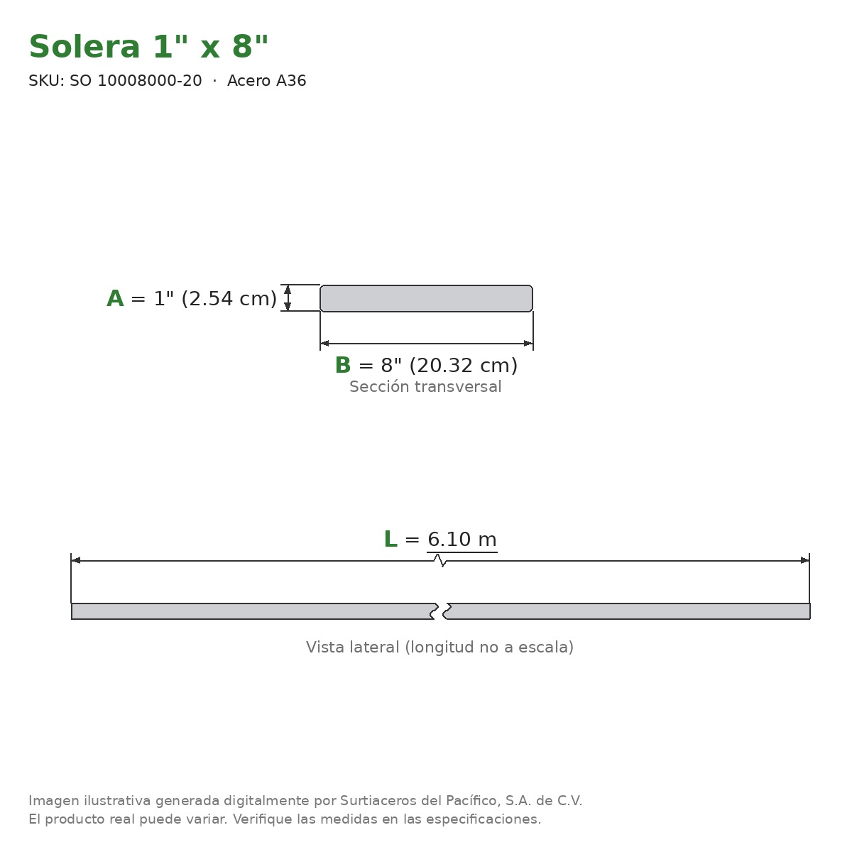Solera 1" x 8" x 6.10 m - Acero A36 - sección transversal