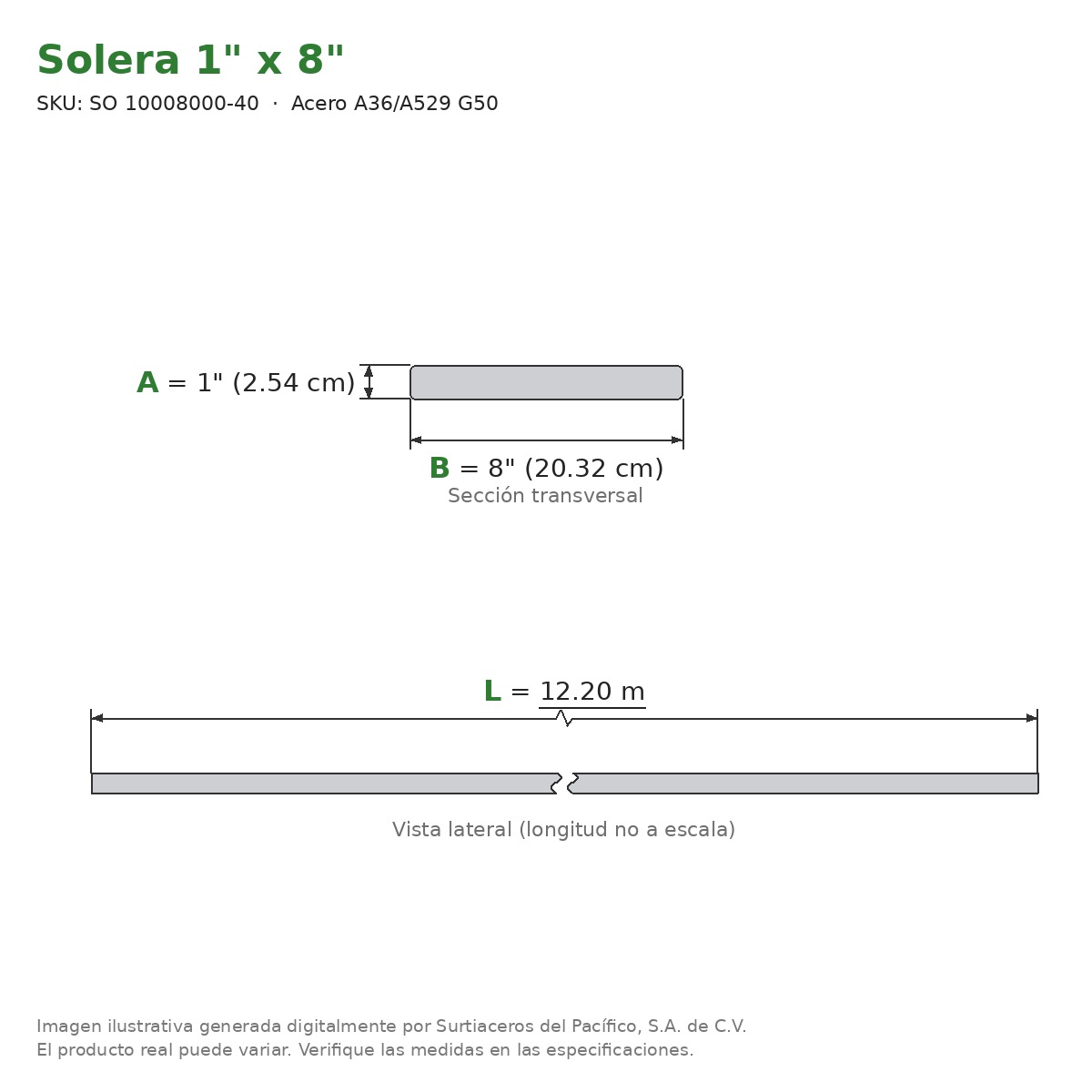 Solera 1" x 8" x 12.20 m - Acero A36/A529 G50 - sección transversal