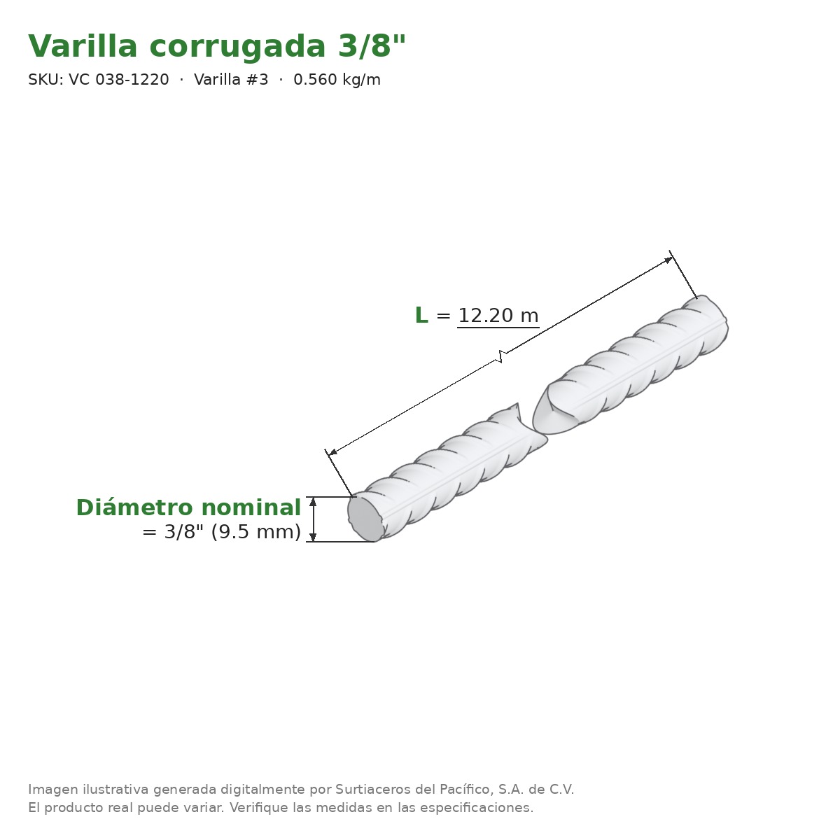 Varilla corrugada 3/8" x 12.20 m - medidas